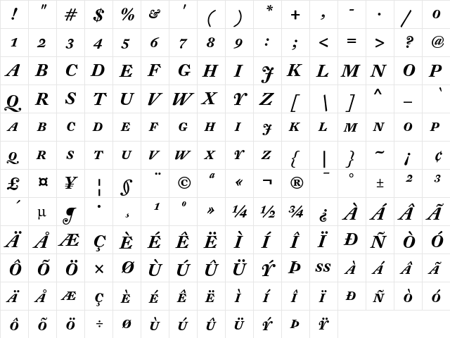 DTL Fleischmann Display Bold Italic Caps  glyph index