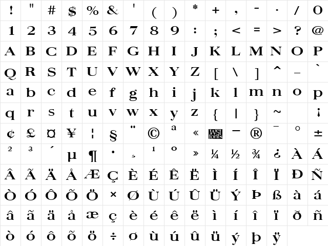 QuantasBroad Bold  glyph index