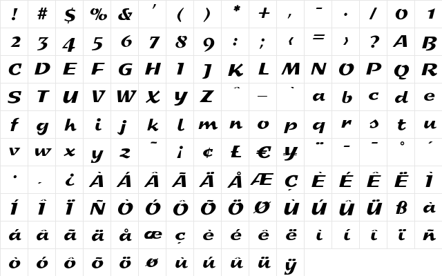 PamelaBecker Regular  glyph index