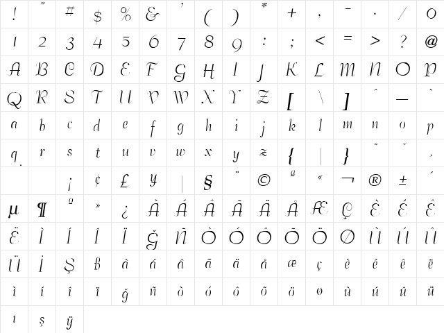 Ballroom Tango Regular  glyph index