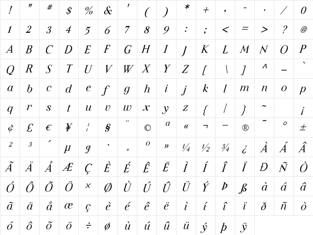Felina SerifRegular Italic Regular  glyph index