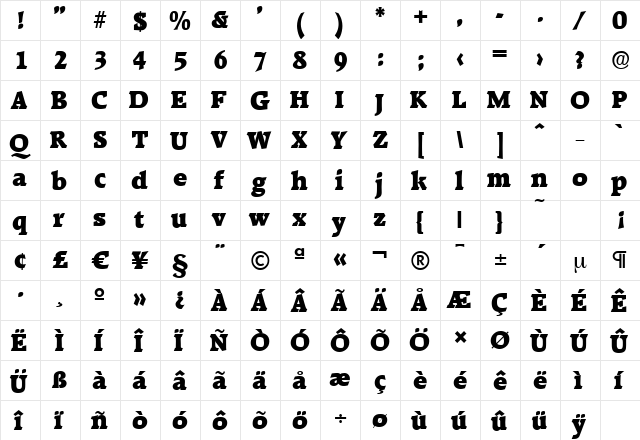 RaleighSerial-Black Regular  glyph index