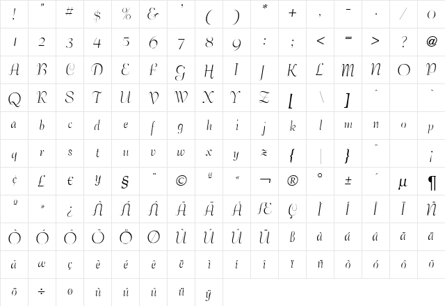 BernhardElegant Regular  glyph index