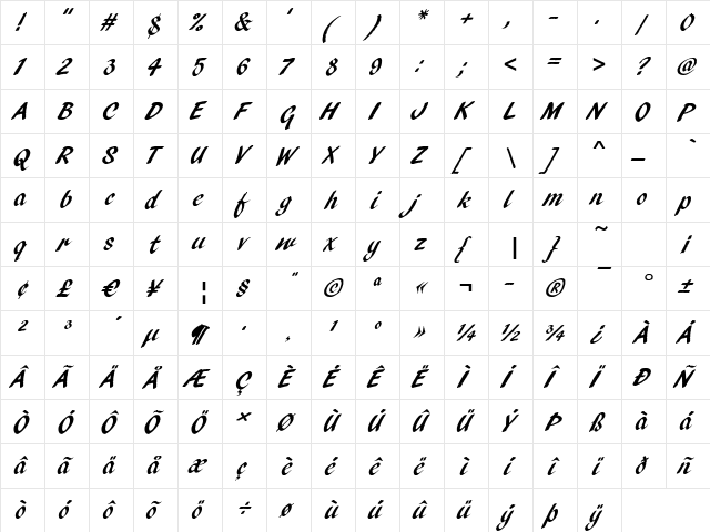 Pencil Regular  glyph index