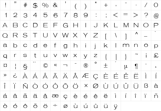 Akzidenz-Grotesk Extended BQ Regular  glyph index