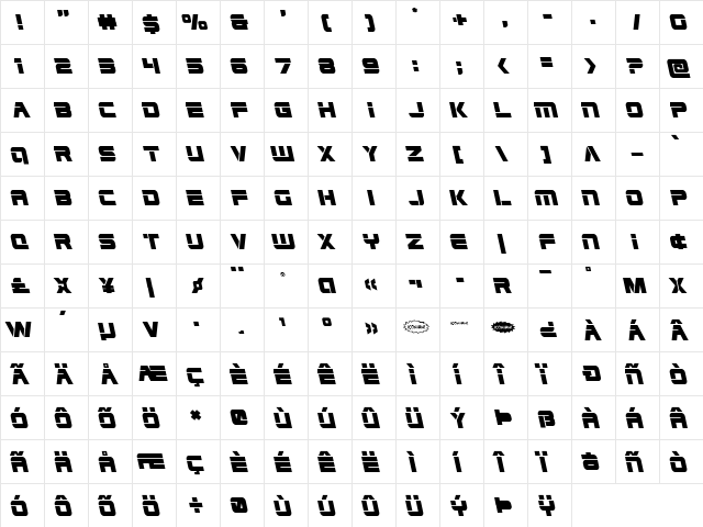 Edge Racer Leftalic Italic  glyph index