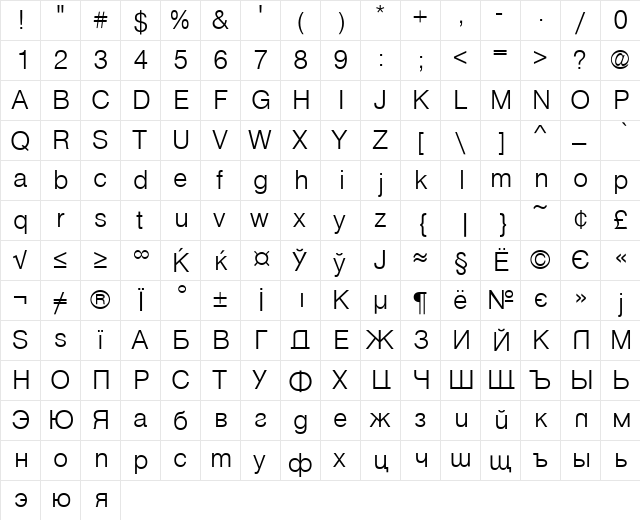 VantaLight Regular  glyph index