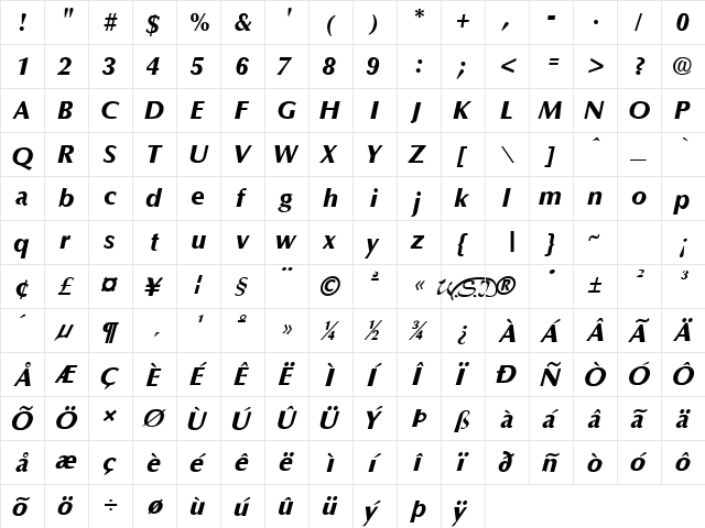 Optane ExtraBold Italic  glyph index