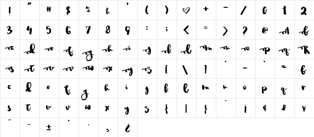 JustinRoad Regular  glyph index