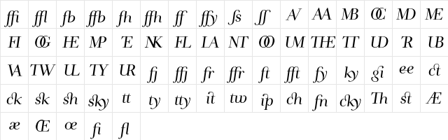 AndradeLigaturesItalic Regular  glyph index