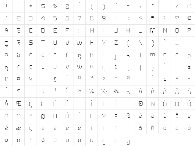 Aunchanted Xspace Thin Regular  glyph index