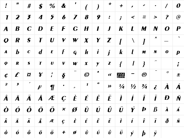 Penyae Bold Italic  glyph index