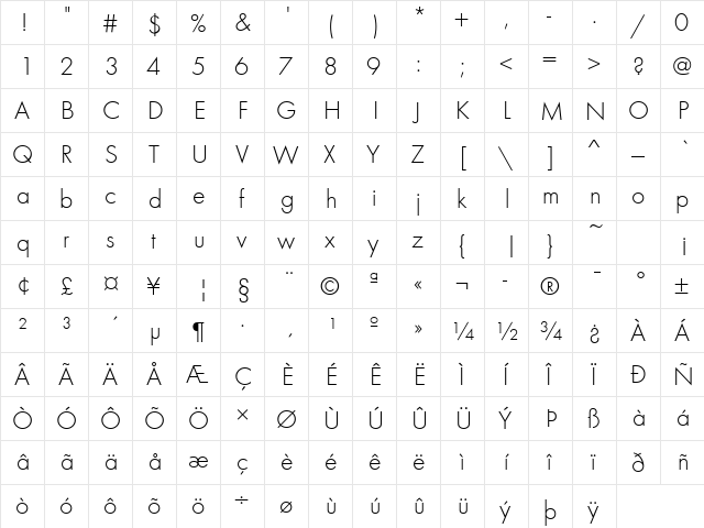 FuturaTLig Regular  glyph index