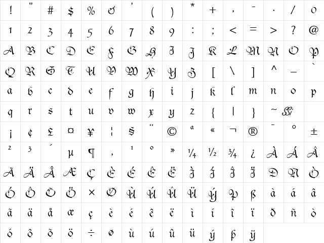 Tudor Script SSi Regular  glyph index
