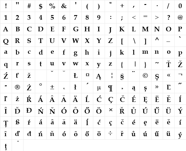 Palatino CE Bold  glyph index