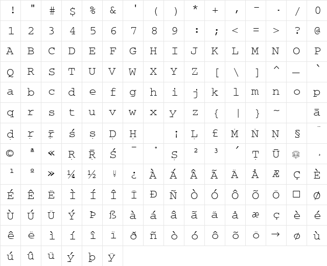 Sanskrit-Courier Regular  glyph index