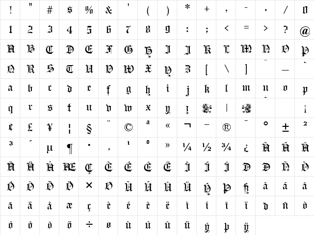 Headline Text UNZ1L Italic  glyph index