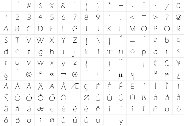 Eras Light Regular  glyph index