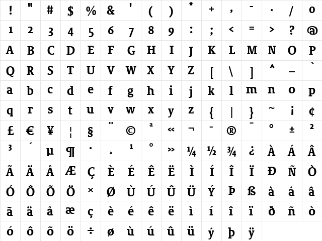 Sheriff Web-Bold Regular  glyph index