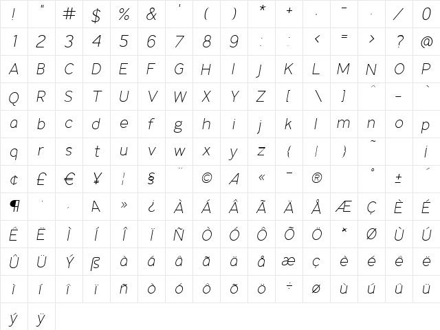 IdentikalSans LightItalic  glyph index