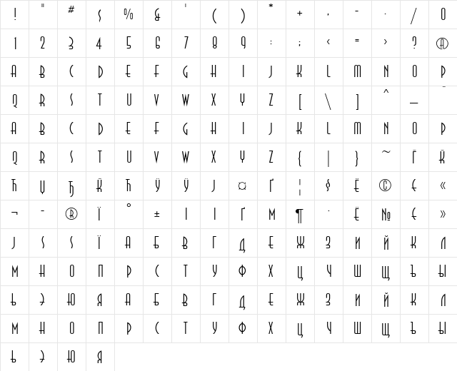 AnnaLightC Regular  glyph index