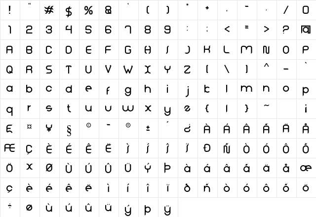 Roasted Regular  glyph index