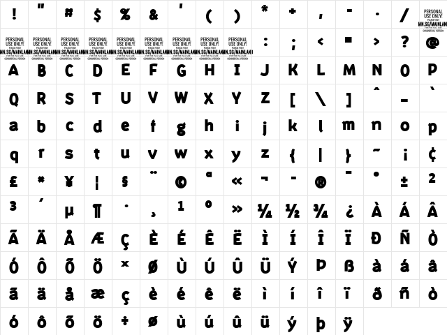 Mainland PERSONAL Black  glyph index