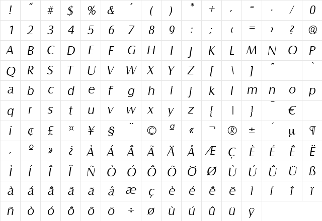 Salzburg-LightIta Regular  glyph index