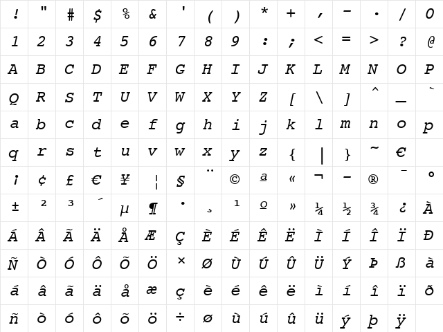 Courier10 BT Italic  glyph index