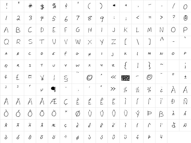 WillysHand Regular  glyph index
