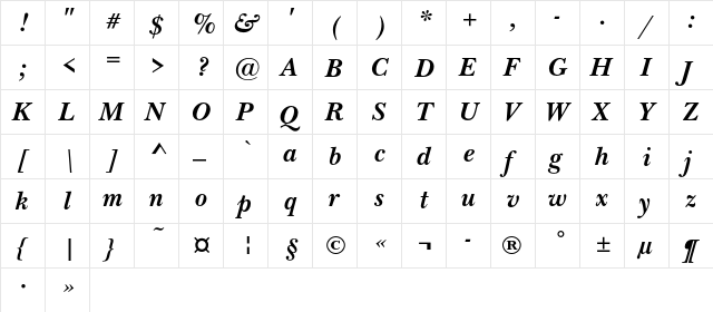 NewBaskervilleExpOdC Bold Italic  glyph index