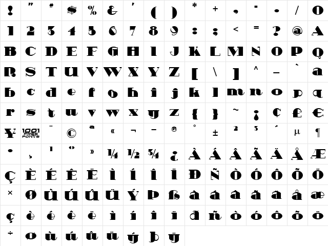 Heavy Tripp NF Regular  glyph index