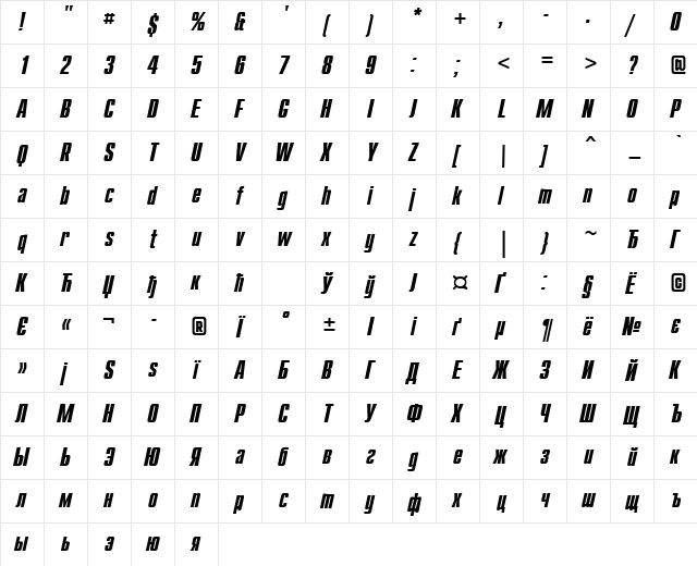CompactCTT BoldItalic  glyph index