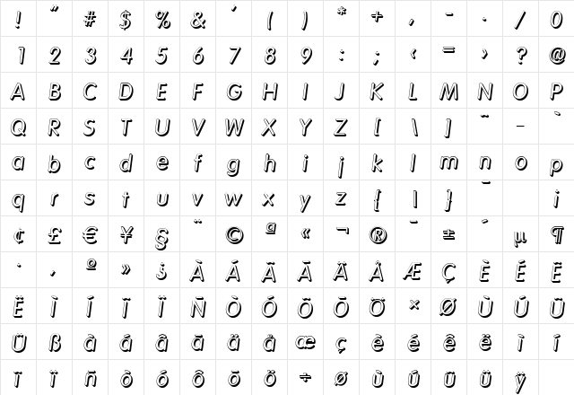 VolkswagenShadow Italic  glyph index