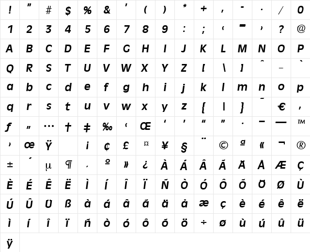 Ravenna-DemiBoldIta Regular  glyph index