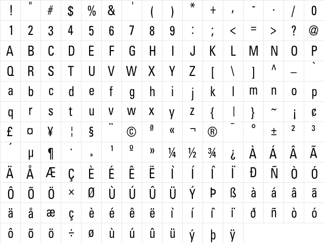 Beetham Condensed  glyph index