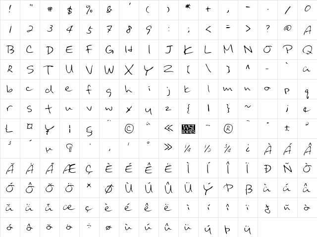 BinghamsHand Regular  glyph index