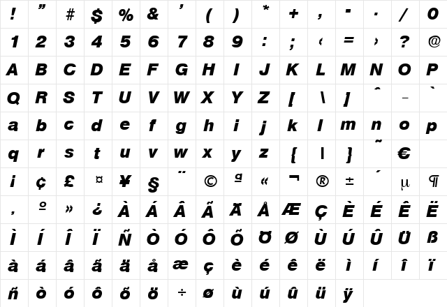 Olympia-ExtraBoldIta Regular  glyph index