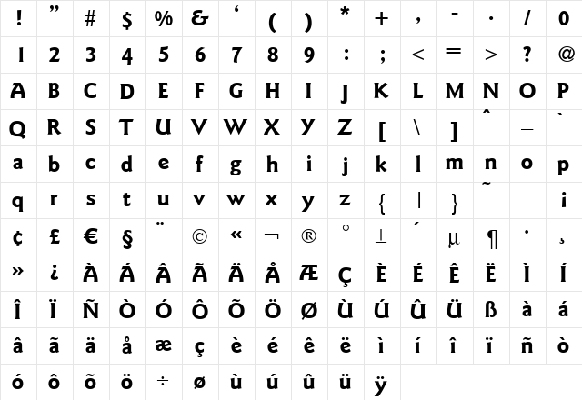 GoudyElegantTwo Bold  glyph index