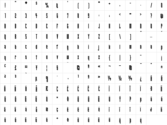 Narrowband Prime ICG Bold  glyph index