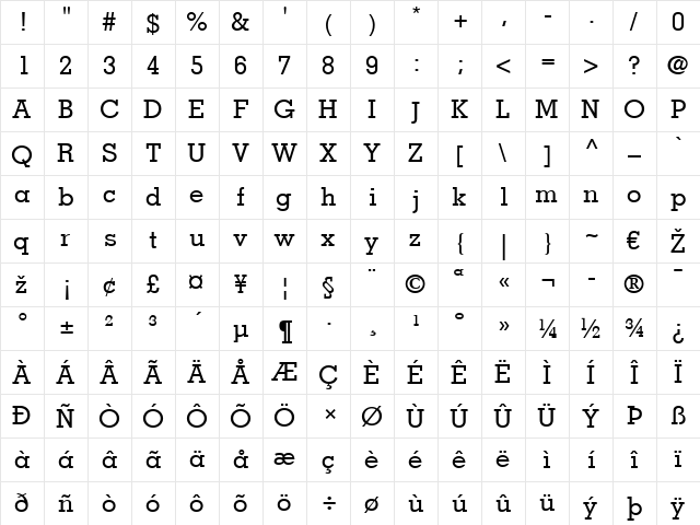 Memphis LT Medium Regular  glyph index