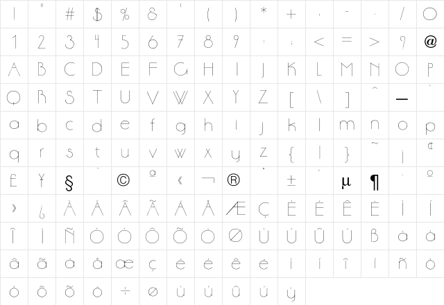 Aase Light  glyph index