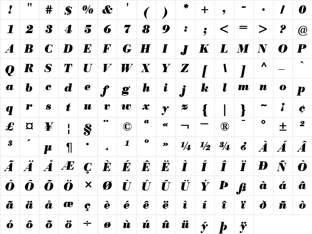 BodoniBE BoldItalic  glyph index