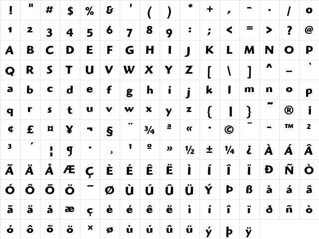 Highlander ITC Bold OS  glyph index