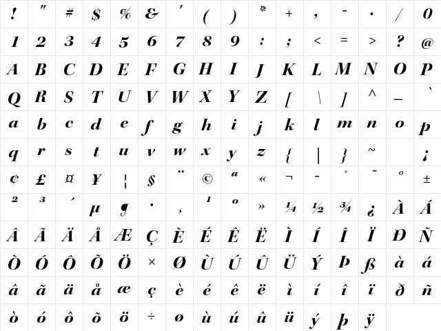 Kepler Std Bold Extended Italic Display  glyph index