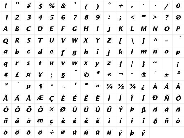 Lucida Becker Sans Bold Italic  glyph index