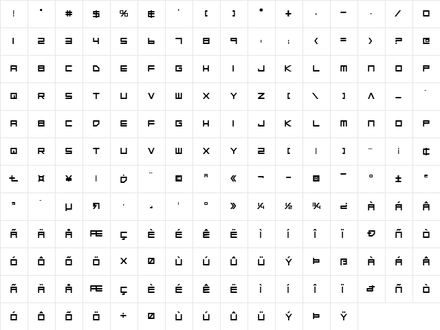 Low Gun Screen Bold Bold  glyph index