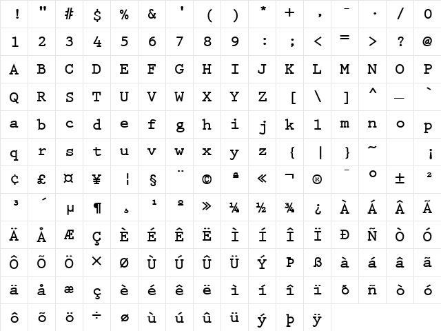 Prestige Elite Bold  glyph index