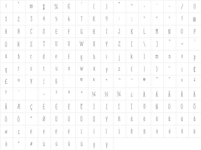 ENYO Serif Light Light  glyph index