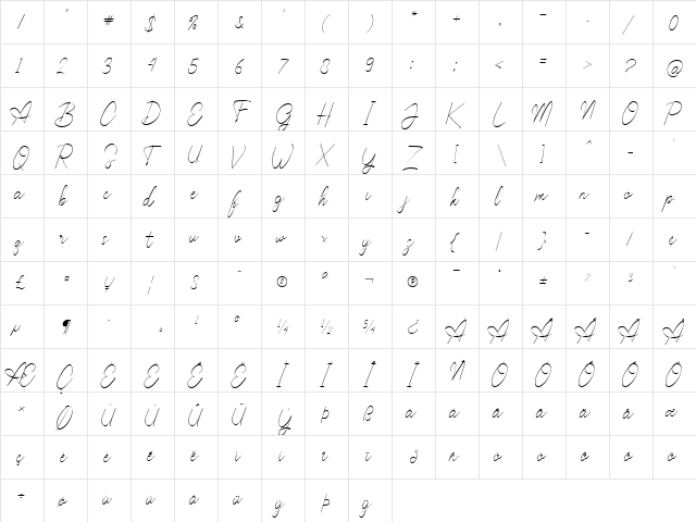 Callina Regular  glyph index